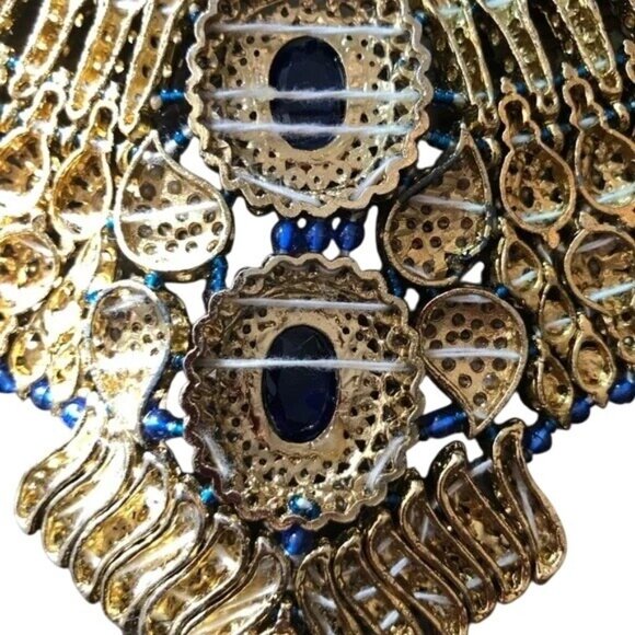 Gold & Blue Crystal Bib Necklace With Matching Chandelier Earrings Bridal - Picture 11 of 16